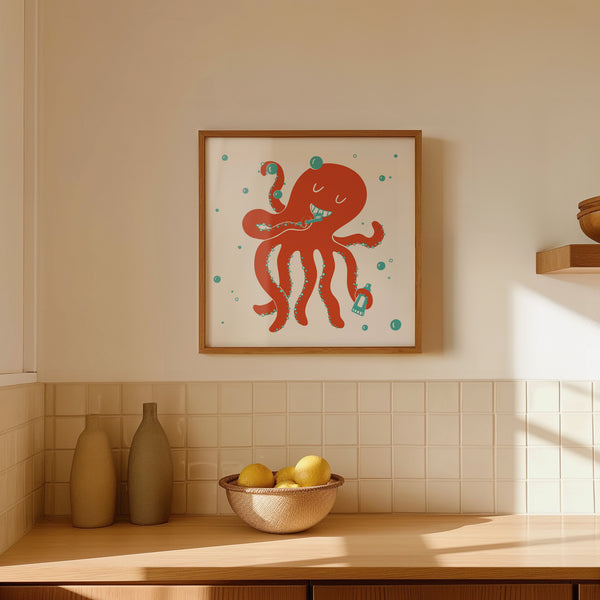 Octopus Brushing His Teeth Art Print