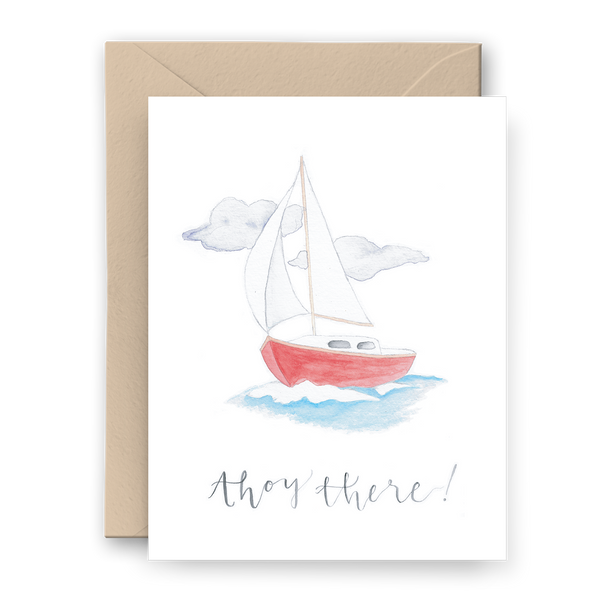 Greeting Cars with Red Sailboat and "Ahoy There" text.