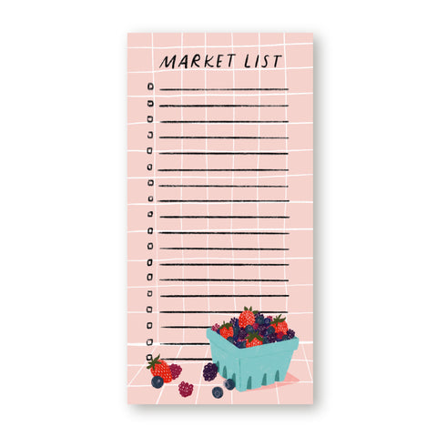Tall notepad with "Market List" text and berries graphic.