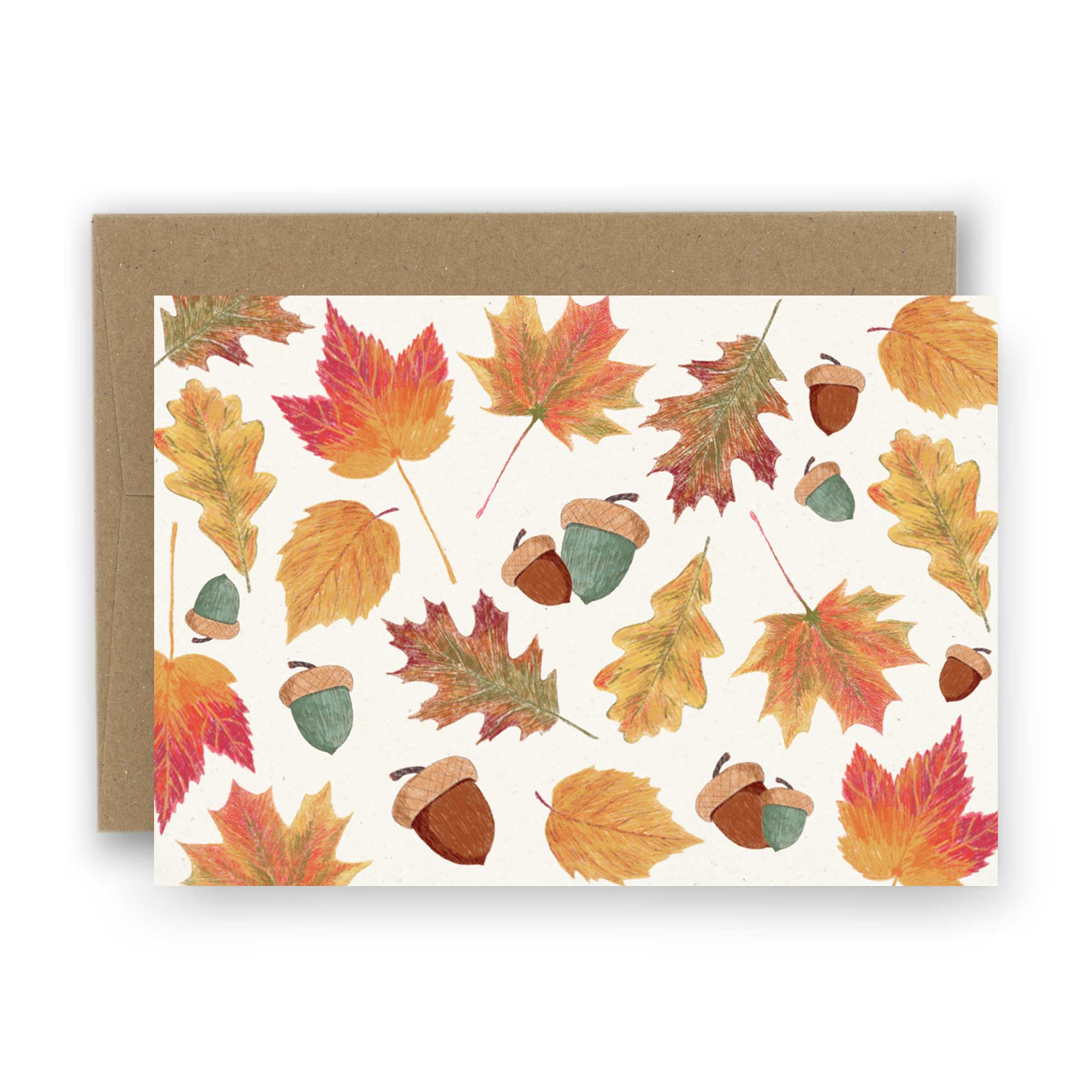 Notecard with fall leaves and acorns.