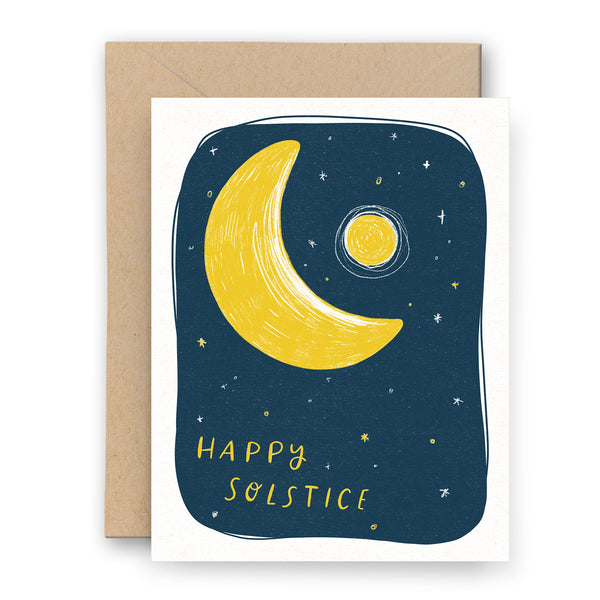 Letterpress greeting card with a yellow moon and white and yellow stars on a dark blue background with the text "Happy Solstice".