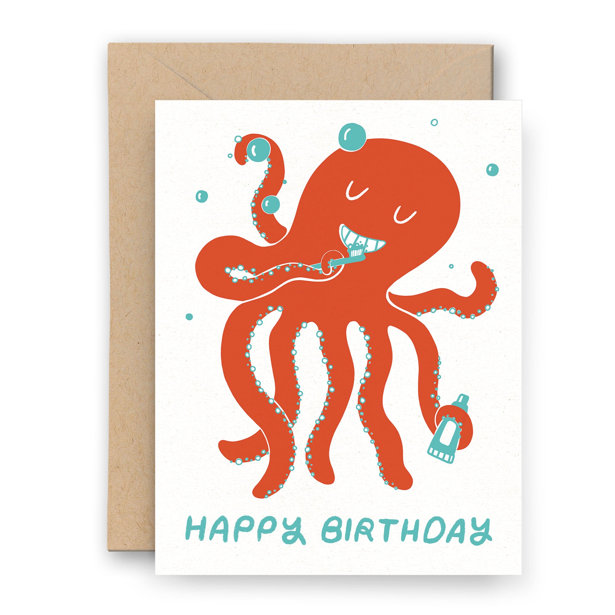 Letterpress greeting card with an octopus brushing his teeth and the text "Happy Birthday" below.
