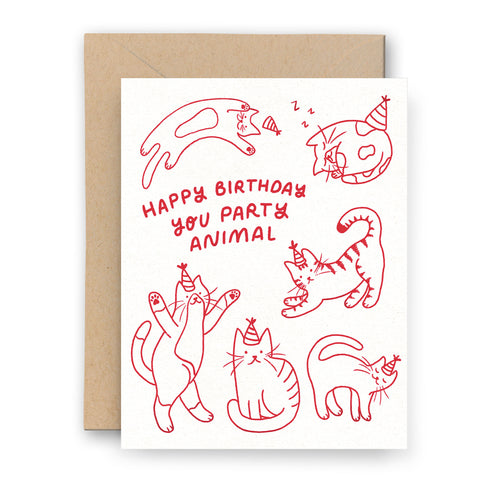 Letterpress greeting card with red outlines cats with party hats playing around the text "Happy Birthday You Party Animal".