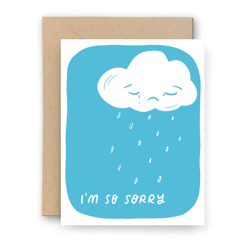 Handmade Letterpress Greeting card with a crying white cloud on blue background that says "I'm So Sorry"